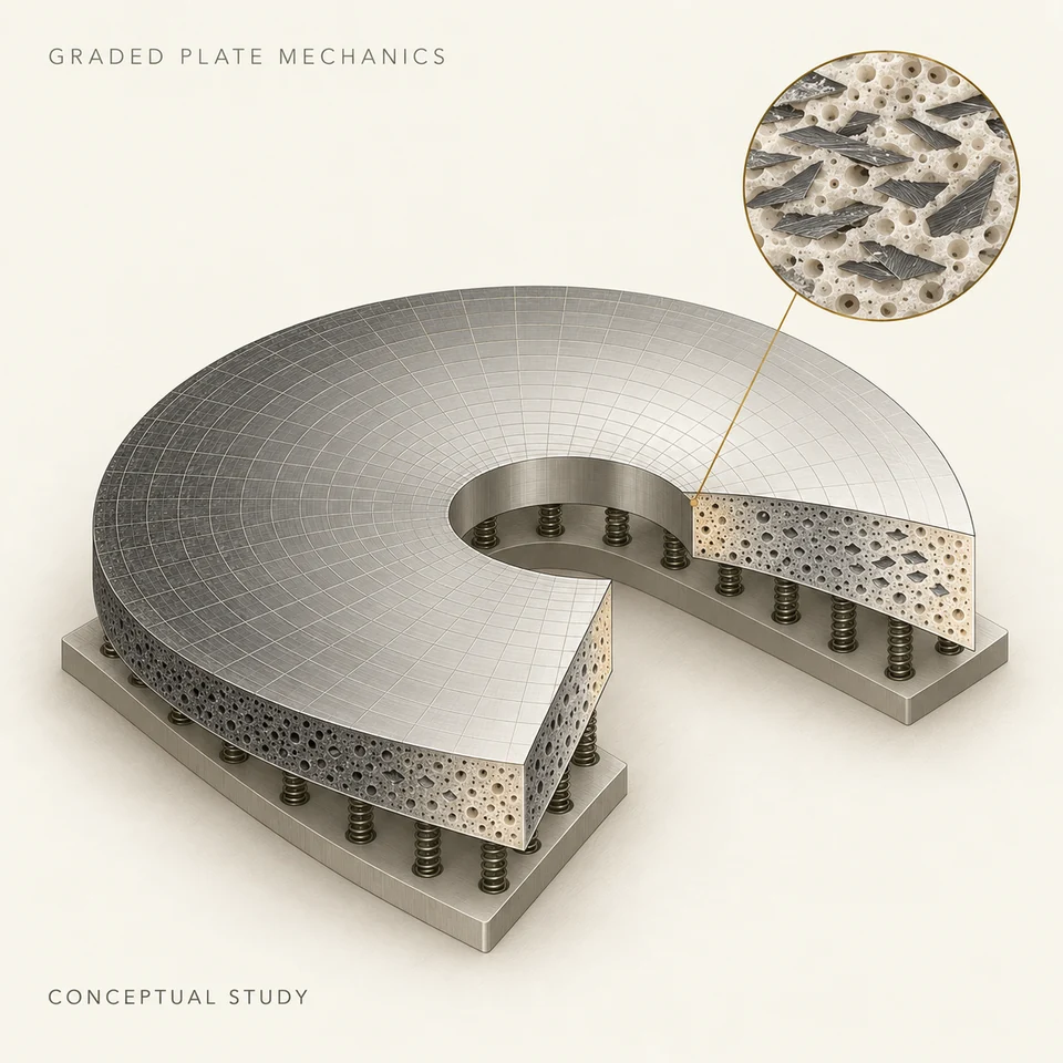 Cream technical illustration of a graded composite plate with layered material detail and a conceptual mechanical support system.
