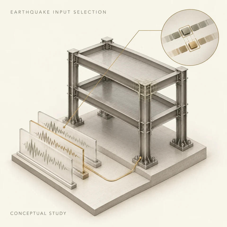 Cream scientific illustration of a steel frame beside layered earthquake waveform panels, with a magnified record-selection motif in graphite and muted brass.