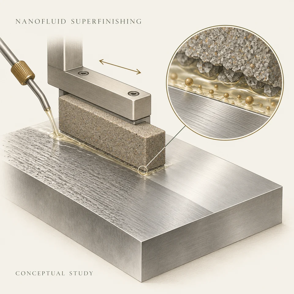 Cream scientific illustration of a precision-finishing tool and metal workpiece, with lubricant delivery and muted brass nanoparticle details.