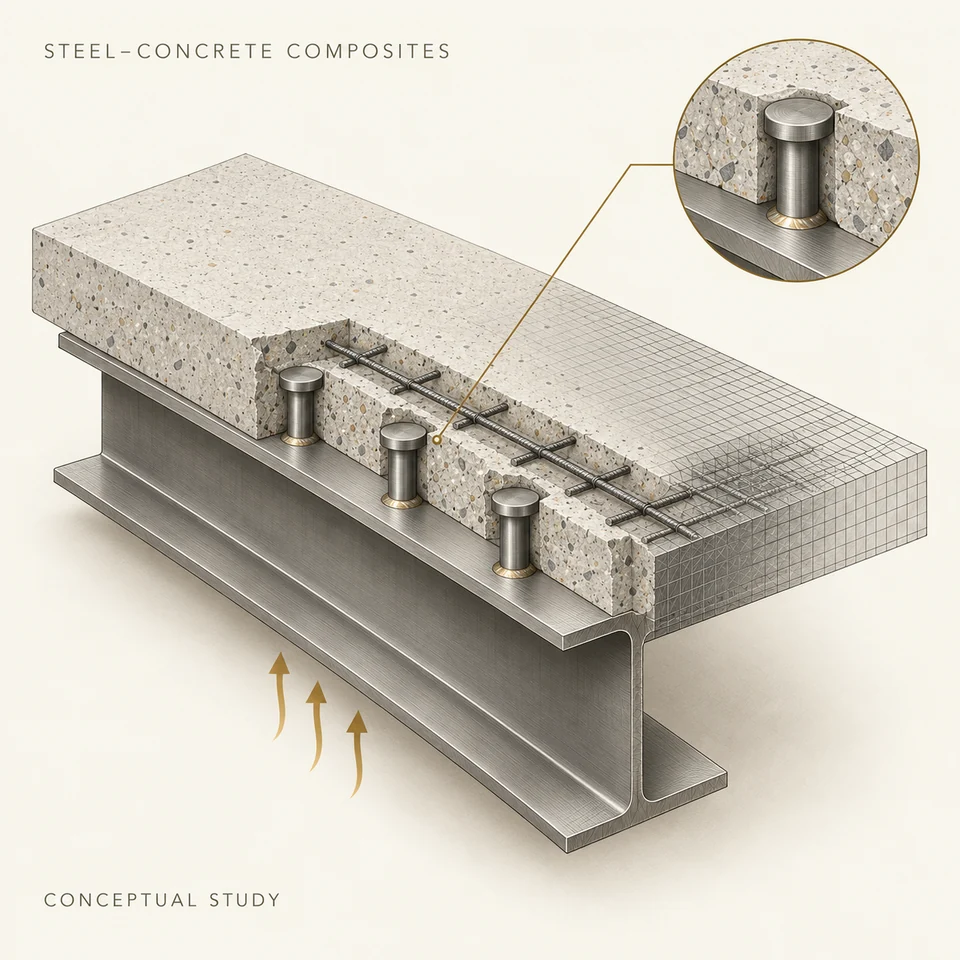 Cream scientific illustration of a steel beam supporting a reinforced concrete slab, with shear studs, a fine computational mesh, and muted brass thermal arrows.